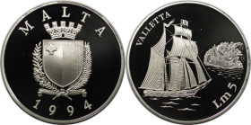 Europäische Münzen und Medaillen, Malta. Segelschiff - Valletta. 5 Liri 1994. 31,47 g. 0.925 Silber. 0.94 OZ. KM 108. Polierte Platte