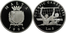 Europäische Münzen und Medaillen, Malta. Olympische Spiele 1996 - Wasser Polo. 5 Liri 1996. 31,47 g. 0.925 Silber. 0.94 OZ. KM 110. Polierte Platte