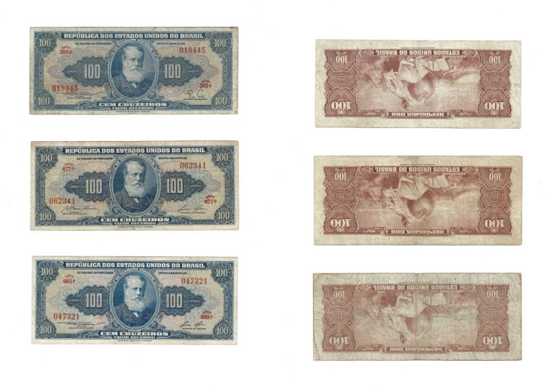 Banknoten, Brasilien / Brazil, Lots und Sammlungen. 3 x 100 Cruzeiros ND (1955-5...