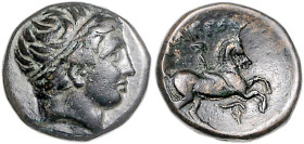 GRIECHENLAND, MAKEDONIEN. Philipp II., 359-336 v.Chr., AE 18. Kopf des Apollo r. Rs.Reiter r. 6,66g.
ss/vz
Sear 6698