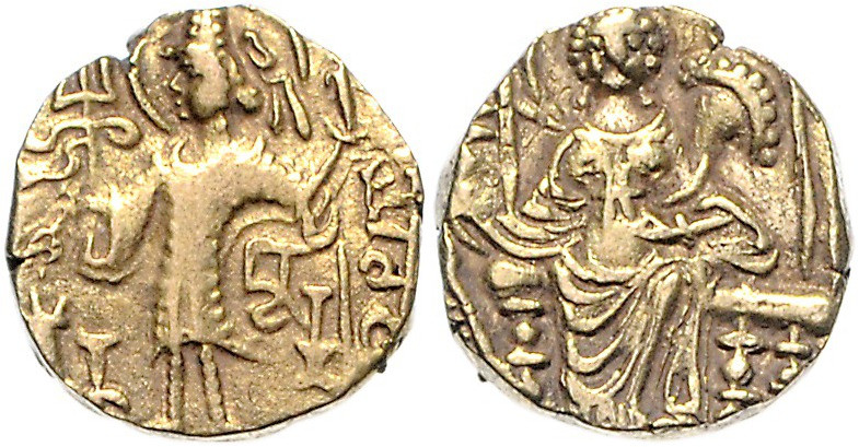 KUSHAN, Kipanada, 330-360, AV Stater. König mit Trident vor Altar. Rs.Thron. Göt...