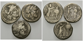 RÖMISCHE REPUBLIK, Anonyme Ausgaben, 211-208 v.Chr., AR Victoriatus. 208 v.Chr. Belorb. Kopf des Jupiter. Rs.Victoria bekränzt Trophäe dazwischen Keul...