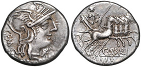 RÖMISCHE REPUBLIK, C. Aburius Geminus, 134 v.Chr., AR Denar. Beh. Romakopf r., davor *, dahinter GEM. Rs.Mars in Quadriga r. 3,84g. Ex Salton, erworbe...