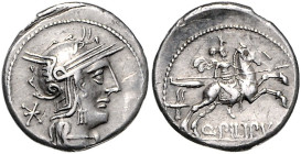 RÖMISCHE REPUBLIK, Q. Philippus, 129 v.Chr., AR Denar. Behelmter Romakopf r., dahinter X. Rs.Makedonischer Reiter r., dahinter makedonischer Königshel...