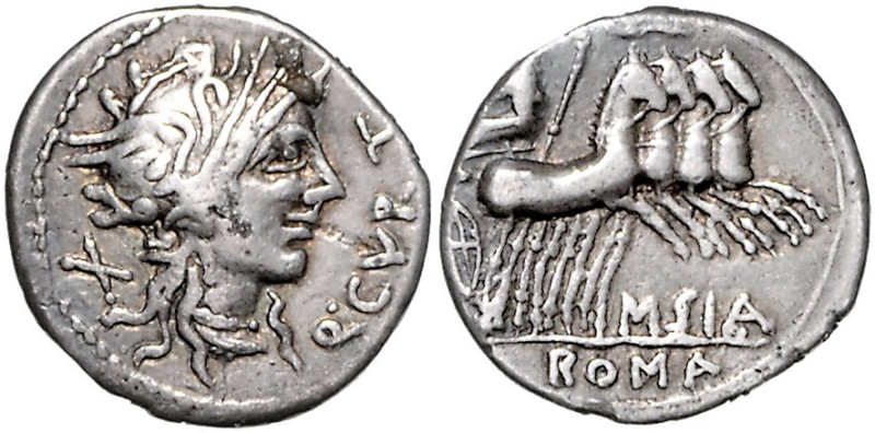 RÖMISCHE REPUBLIK, Q. Curtius, 116-115 v.Chr., AR Denar. Behelmter Romakopf, dah...