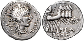 RÖMISCHE REPUBLIK, Q. Curtius, 116-115 v.Chr., AR Denar. Behelmter Romakopf, dahinter X. Rs.Jupiter in Quadriga. 3,83g.
ss+
Craw.285/2, Alb.1054, Se...