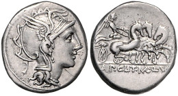 RÖMISCHE REPUBLIK, Appius Claudius P., T.Manl., u. Q.Urb., 111-110 v.Chr., AR Denar. Behelmter Romakopf r., dahinter Dreieck. Rs.Victoria in Triga. 4,...