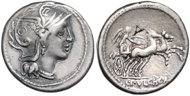 RÖMISCHE REPUBLIK, C. Claudius Pulcher, 110-109 v.Chr., AR Denar. Behelmter Romakopf r. Rs.Victoria in Biga r. GgSt.'A'. 3,74g.
ss
Alb.1091, Craw.30...