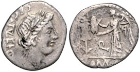 RÖMISCHE REPUBLIK, C. Egnatuleius C.f., 97 v.Chr., AR Quinar. Kopf des Apollo r. Rs.Victoria errichtet Trophäe, i.F.Q. 1,58g.
f.ss
Alb.1141, S.Egnat...