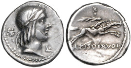 RÖMISCHE REPUBLIK, L. Calpurnius Piso Frugi, 90 v.Chr., AR Denar. Belorb. Kopf des Apollo r. Rs.Nackter Reiter galoppiert r. mit Palmwedel, Symbol. 3,...