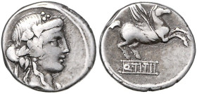 RÖMISCHE REPUBLIK, Q. Titius, 90 v.Chr., AR Denar. Kopf des jungen Bacchus mit Eichenkranz. Rs.Pegasus auf Sockel. 3,85g.
f.ss
Alb.1181, Craw.341.4