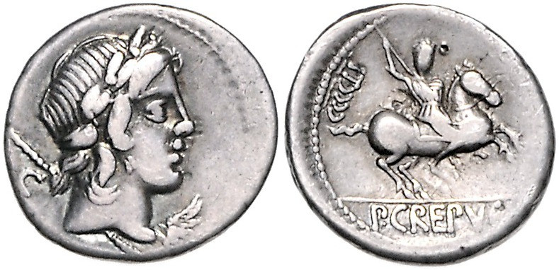 RÖMISCHE REPUBLIK, Pub. Crepusius, 82 v.Chr., AR Denar. Kopf des Apollo r., dah....