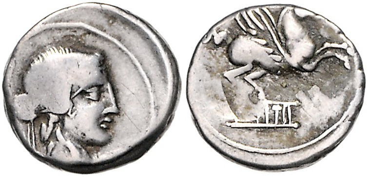RÖMISCHE REPUBLIK, L. Papius, 79 v.Chr., AR Denar. Kopf der Juno Sospita mit Zie...