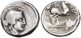 RÖMISCHE REPUBLIK, L. Papius, 79 v.Chr., AR Denar. Kopf der Juno Sospita mit Ziegenhaube r., in ihrem Nacken Beiz.Ölfläschchen?. Rs.Greif r. über Ölla...