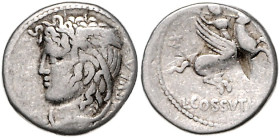 RÖMISCHE REPUBLIK, L. Cossutius C.f. Sabula, 74 v.Chr., AR Denar. Kopf der Medusa mit Flügeln und Schlangen. Rs.Bellerophon auf Pegasus. 3,88g.
ss
A...