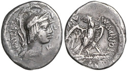 RÖMISCHE REPUBLIK, M. Plaetorius M.f.Cestianus, 67 v.Chr., AR Denar. Geflügelte Büste der Vacuna mit Helm, davor Füllhorn. Rs.Adler auf Blitz. 3,65g....