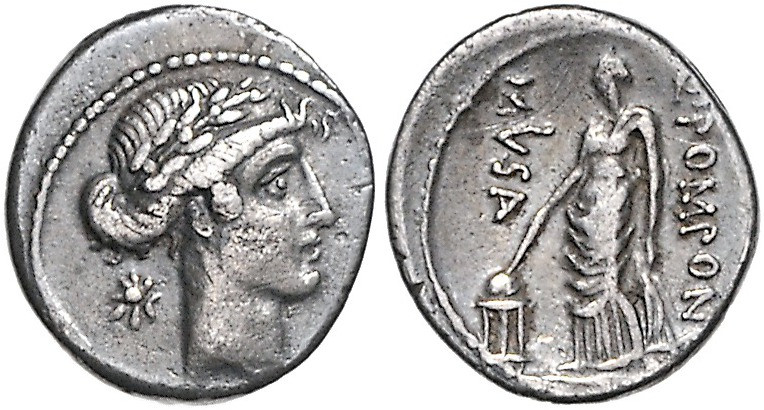 RÖMISCHE REPUBLIK, Q. Pomponius Musa, 66 v.Chr., AR Denar. Belorb. Kopf des Apol...