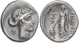 RÖMISCHE REPUBLIK, Q. Pomponius Musa, 66 v.Chr., AR Denar. Belorb. Kopf des Apollo r., dahinter Stern. Rs.Urania l., hält Stab auf Dreifuß mit Globus....