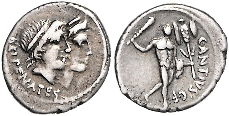 RÖMISCHE REPUBLIK, C. Antius C.f. Restio, 47 v.Chr., AR Denar. Diadem. Köpfe der...