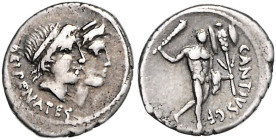 RÖMISCHE REPUBLIK, C. Antius C.f. Restio, 47 v.Chr., AR Denar. Diadem. Köpfe der Dei Penates gestaffelt r., DEI PENATES. Rs.Herkules r. schreitend, hä...