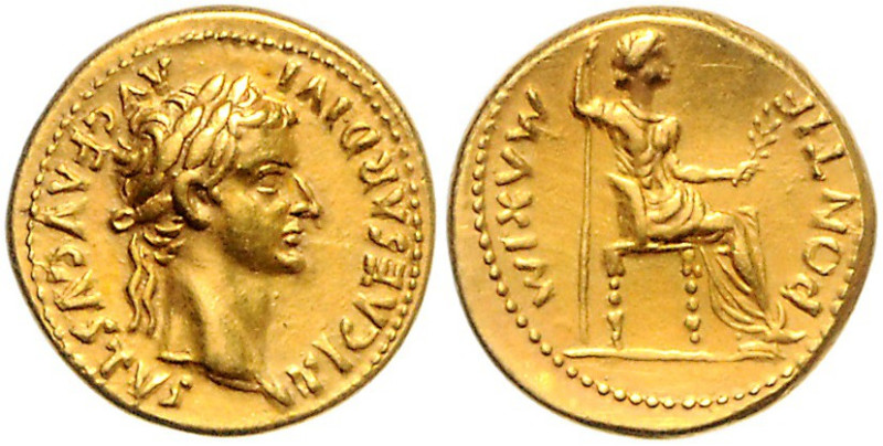 RÖMISCHES REICH, Tiberius, 14-37, AV Aureus, Lugdunum. Belorb. Büste r., TI CAES...