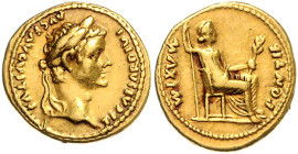 RÖMISCHES REICH, Tiberius, 14-37, AV Aureus, Lugdunum. Belorb. Kopf r. Rs.Livia sitzt r. mit Langzepter und Zweig. 7,70g.
GOLD, Rdf., ss+
RIC 25, Co...