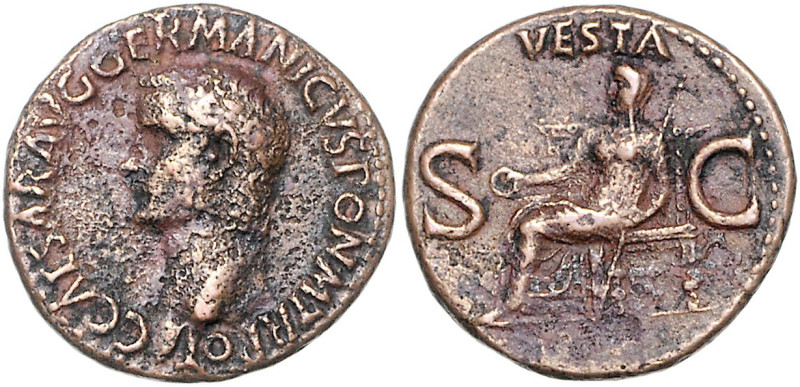 RÖMISCHES REICH, Caligula, 37-41, AE As, Rom. Bloße Büste l. Rs.Vesta zwischen S...