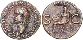 RÖMISCHES REICH, Caligula, 37-41, AE As, Rom. Bloße Büste l. Rs.Vesta zwischen SC l. sitzend, darüber VESTA. 11,04g.
ss+
RIC 38, Kampm.11.9