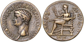 RÖMISCHES REICH, Claudius, 41-54, AE Dupondius, Rom. Barhäupt. Kopf l., TI CLAVDIVS CAESAR AVG PM TRP IMP. Rs.Ceres l. sitzend, CERES AVGVSTA, unten S...