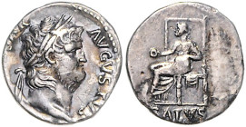 RÖMISCHES REICH, Nero, 54-68, AR Denar (65-66), Rom. Belorb. Büste r., NERO CAESAR AVGVSTVS. Rs.Salus l. sitzend, hält Patera, SALVS. 3,15g.
winz.Kr....