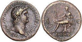 RÖMISCHES REICH, Nero, 54-68, AE Sesterz (62-68), Rom. Belorb. Kopf r. Rs.Roma l. thronend mit Victoria und Parazonium. 26,99g.
ss+
RIC 275