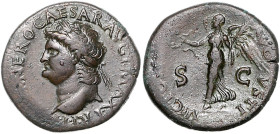 RÖMISCHES REICH, Nero, 54-68, AE Dupondius (65), Lugdunum. Belorb. Kopf l. Rs.Victoria mit Kranz und Palme l. 14,89g.
ss
Sear 685, RIC 522