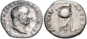 RÖMISCHES REICH, Vitellius, 69, AR Denar, Rom. Belorb. Kopf r., A VITELLIVS GERM IMP AVG TRP. Rs.Dreifuß, darüber Delfin, darunter Rabe, XV VIR SACR F...
