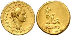 RÖMISCHES REICH, Vespasian, 69-79, AV Aureus (69-71), Rom. Belorb. Büste r., IMP CAESAR VESPASIANVS AVG. Rs.Trauernde Judaea r. sitzend, dahinter Trop...