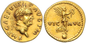 RÖMISCHES REICH, Vespasian, 69-79, AV Aureus (71), Rom. Belorb. Büste r., IMP CAES VESP AVG PM. Rs.Victoria auf Globus r., hält Kranz und Palmzweig, V...