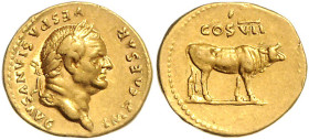 RÖMISCHES REICH, Vespasian, 69-79, AV Aureus (76), Rom. Belorb. Büste r., IMP CAESAR VESPASIANVS AVG. Rs.Stier r., COS VII. 7,28g.
GOLD, ss-vz
RIC² ...