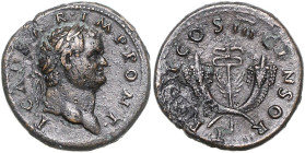 RÖMISCHES REICH, Titus als Caesar, 69-79, AE Dupondius (74), Rom. Belorb. Büste mit Strahlenkrone r., T CAESAE IMP PONT. Rs.Geflügeltes Caduceus zwisc...