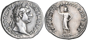 RÖMISCHES REICH, Domitian, 81-96, AR Denar TRP VIII IMP XIX =89, Rom. Belorb. Büste r. Rs.Minerva mit Speer l. 3,29g.
ss+
RIC 689ff., Kampm.24.68.5...