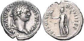 RÖMISCHES REICH, Domitian, 81-96, AR Denar TRP XI =91, Rom. Belorb. Büste r. Rs.Minerva mit Speer und kleiner Victoria l. 3,15g.
ss+
RIC² 62