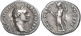 RÖMISCHES REICH, Domitian, 81-96, AR Denar (92), Rom. Belorb. Büste r., IMP CAES DOMIT AVG GERM PM TRP XI. Rs.Minerva l. stehend, hält Blitzbündel und...