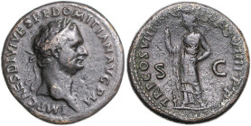 RÖMISCHES REICH, Domitian, 81-96, AE Sesterz COS VIII =82, Rom. Belorb. Büste r. Rs.Minerva mit Speer. 26,94g.
ss
RIC² 105
