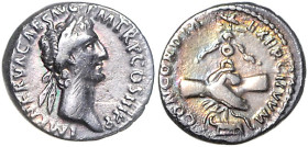 RÖMISCHES REICH, Nerva, 96-98, AR Denar COS III =97, Rom. Belorb. Büste r. Rs.Verschlungene Hände halten Legionsstandarte auf Prora. 3,09g.
Kratzer, ...
