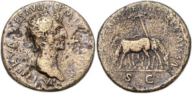 RÖMISCHES REICH, Nerva, 96-98, AE Sesterz COS III =97, Rom. Belorb. Kopf r. Rs.Zwei Maultiere weiden, dahinter Hochradkarren. 25,23g.
selten, s-f.ss...