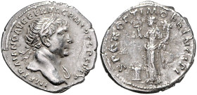 RÖMISCHES REICH, Trajan, 98-117, AR Denar (103-111), Rom. Belorb. Büste r., IMP TRAIANO AVG GER DAX PM TRP COS V PP. Rs.Felicitas l. stehend, hält Cad...