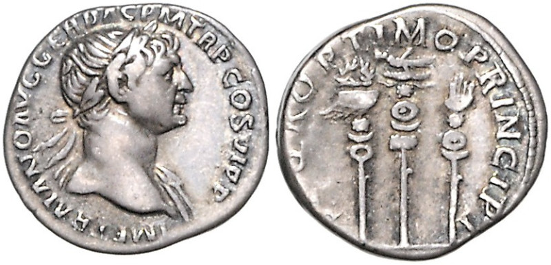 RÖMISCHES REICH, Trajan, 98-117, AR Denar COS VI (112-114), Rom. Belorb. Büste r...