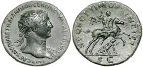 RÖMISCHES REICH, Trajan, 98-117, AE Dupondius COS V (103-111), Rom. Kopf mit Strahlenkrone r. Rs.Kaiser zu Pferd mit Speer reitet Daker nieder. 10,72g...