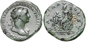 RÖMISCHES REICH, Trajan, 98-117, AE Dupondius COS VI (112-114) Rom. Kopf mit Strahlenkrone r. Rs.Dacia sitzt l., hält Standarte, davor zwei Kinder. 10...
