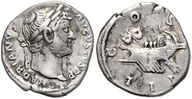 RÖMISCHES REICH, Hadrian, 117-138, AR Denar (128-130), östl.Münzst. Belorb. Büste r., HADRIANVS AVGVSTVS PP. Rs.Galeere l., COS III. 3,06g.
Rs.kl.Kr....