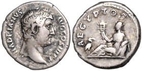 RÖMISCHES REICH, Hadrian, 117-138, AR Denar COS III (134-138), Rom. Belorb. Büste r. Rs.Aegyptos sitzend, davor Ibis. 3,24g.
ss
RIC 297, Seaby 103