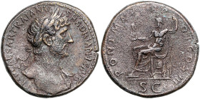 RÖMISCHES REICH, Hadrian, 117-138, AE Sesterz (121-122) Rom. Belorb. Büste r. Rs.Jupiter l. thronend, hält Victoria und Zepter. 21,75g.
Portait, ss
...